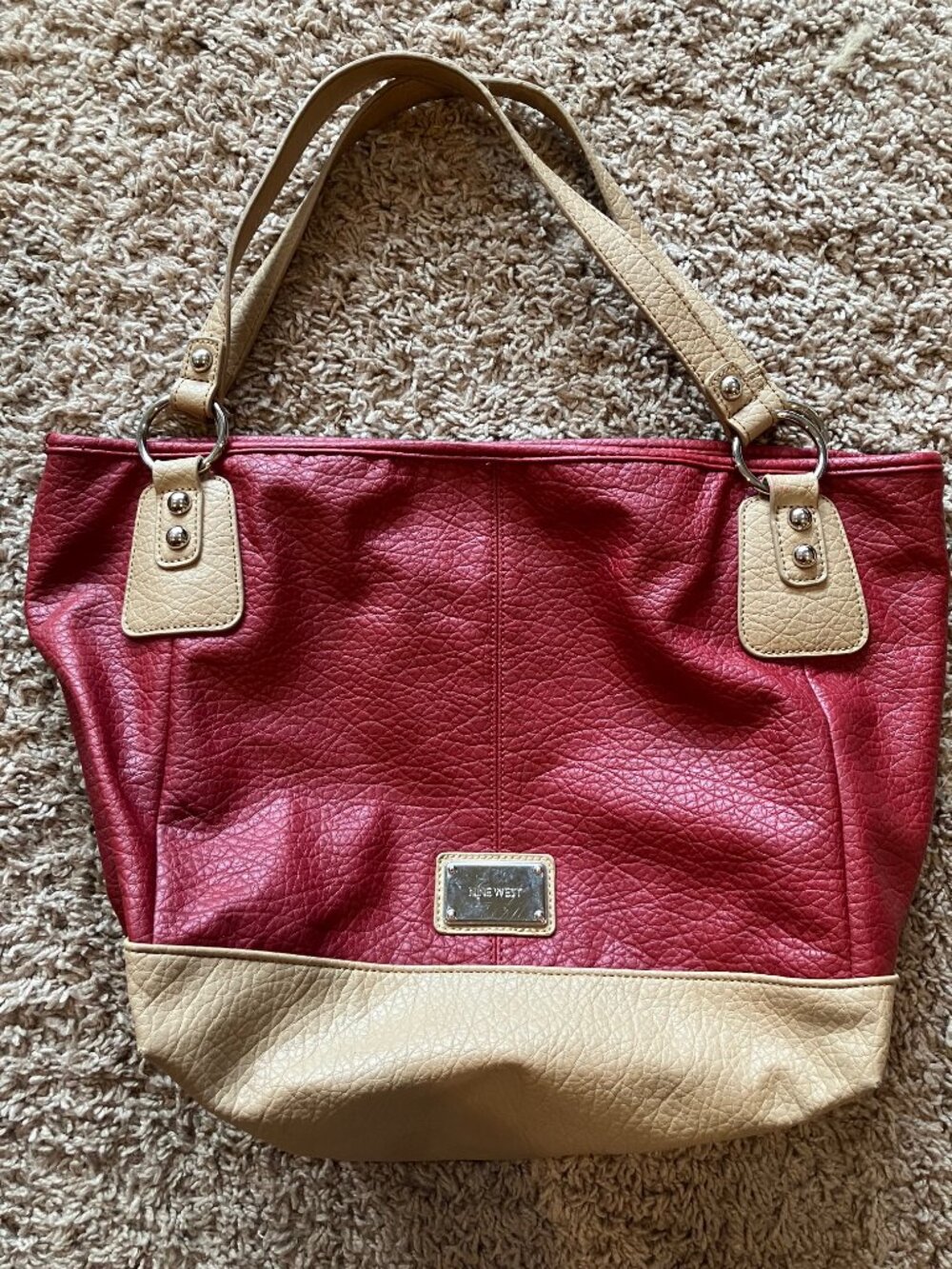 Nine West Red Tan Oversized Tote Shoulder Bag Faux Leather Y2K Colorblock
